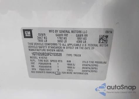 2015 GMC Sierra 1500 Sle z USA, uszkodzony, nr VIN 1GTV2UEC6FZ153528